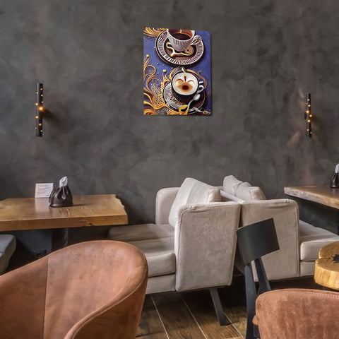 Golden Cupful of Dreams - Metal prints - The product is placed in a stylish coffee shop ambiance with a set table - Cafetitude Wall Art Golden Cupful of Dreams - Metal prints - The product is placed in a stylish coffee shop ambiance with a set table - Cafetitude Wall Art