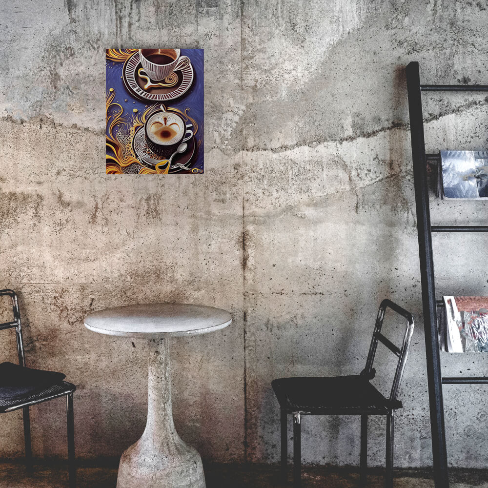 Golden Cupful of Dreams - Metal prints - The product is placed in a industrial-style coffee shop ambiance with a set table - Cafetitude Wall Art Golden Cupful of Dreams - Metal prints - The product is placed in a industrial-style coffee shop ambiance with a set table - Cafetitude Wall Art
