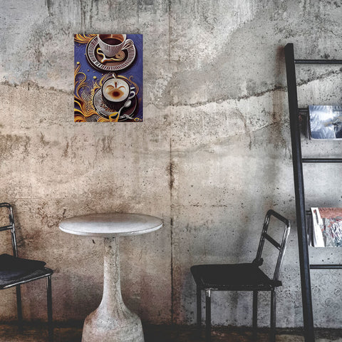 Golden Cupful of Dreams - Metal prints - The product is placed in a industrial-style coffee shop ambiance with a set table - Cafetitude Wall Art Golden Cupful of Dreams - Metal prints - The product is placed in a industrial-style coffee shop ambiance with a set table - Cafetitude Wall Art