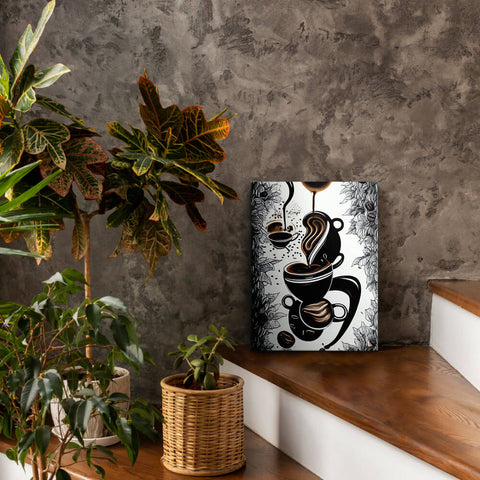 Mysterious Brew - Canvas - The product is placed in a stair scene decorated with plants - Cafetitude Wall Art Mysterious Brew - Canvas - The product is placed in a stair scene decorated with plants - Cafetitude Wall Art