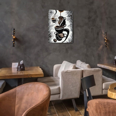 Mysterious Brew - Canvas - The product is placed in a stylish coffee shop ambiance with a set table - Cafetitude Wall Art Mysterious Brew - Canvas - The product is placed in a stylish coffee shop ambiance with a set table - Cafetitude Wall Art