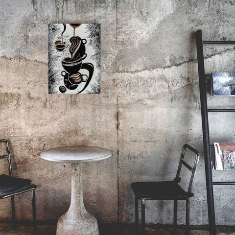 Mysterious Brew - Canvas - The product is placed in a industrial-style coffee shop ambiance with a set table - Cafetitude Wall Art Mysterious Brew - Canvas - The product is placed in a industrial-style coffee shop ambiance with a set table - Cafetitude Wall Art