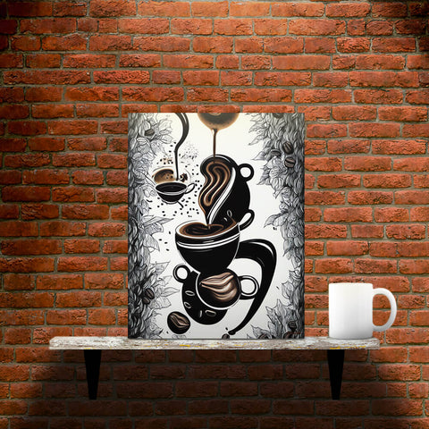 Mysterious Brew - Metal prints - Main image where the product is placed on a shelf against a brick wall, next to a mug - Cafetitude Wall Art Mysterious Brew - Metal prints - Main image where the product is placed on a shelf against a brick wall, next to a mug - Cafetitude Wall Art