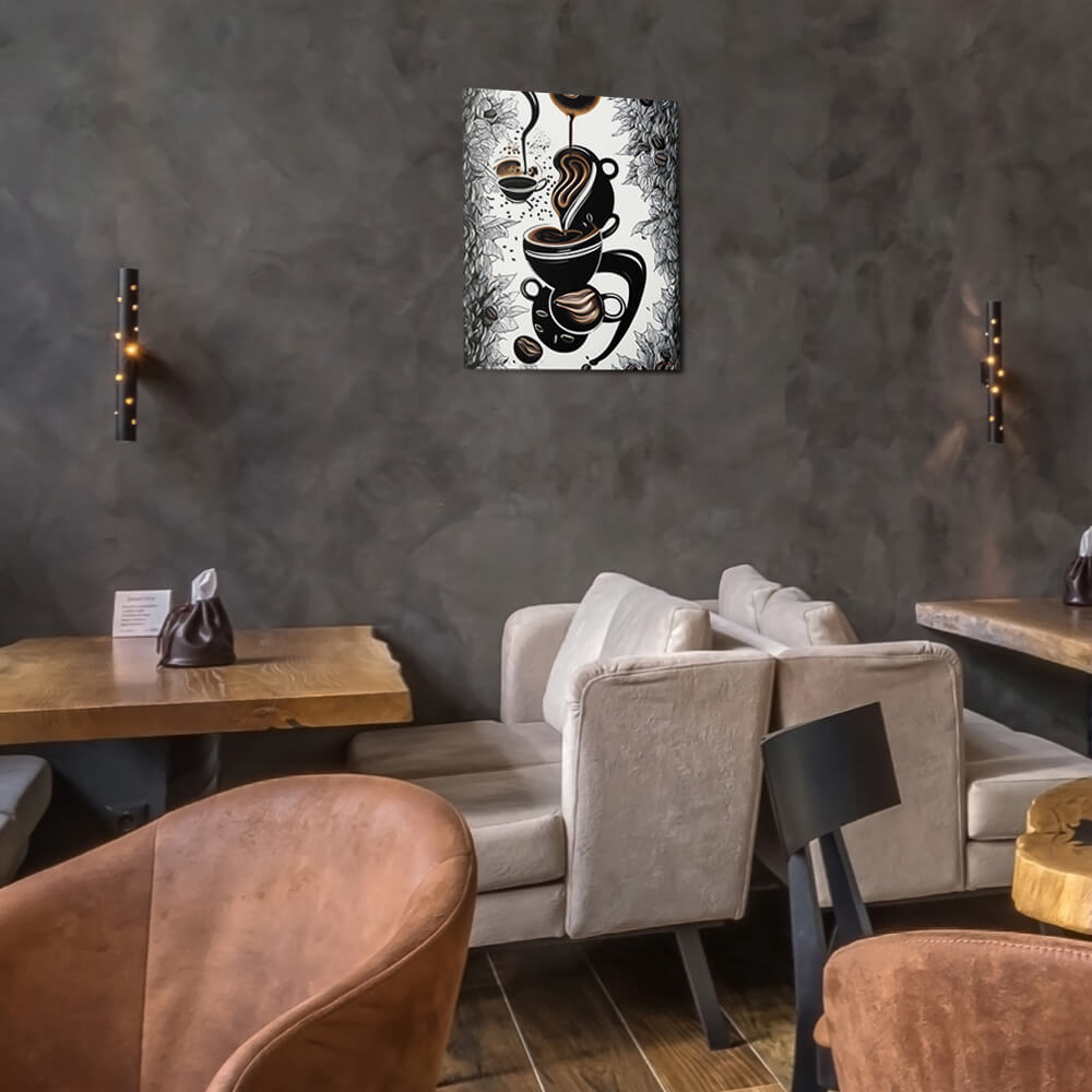 Mysterious Brew - Metal prints - The product is placed in a stylish coffee shop ambiance with a set table - Cafetitude Wall Art Mysterious Brew - Metal prints - The product is placed in a stylish coffee shop ambiance with a set table - Cafetitude Wall Art