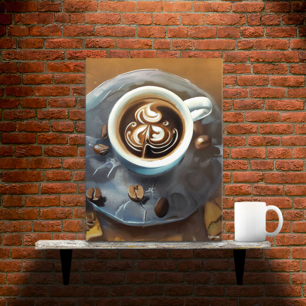 Painterly Coffee - Canvas - Main image where the product is placed on a shelf against a brick wall, next to a mug - Cafetitude Wall Art Painterly Coffee - Canvas - Main image where the product is placed on a shelf against a brick wall, next to a mug - Cafetitude Wall Art