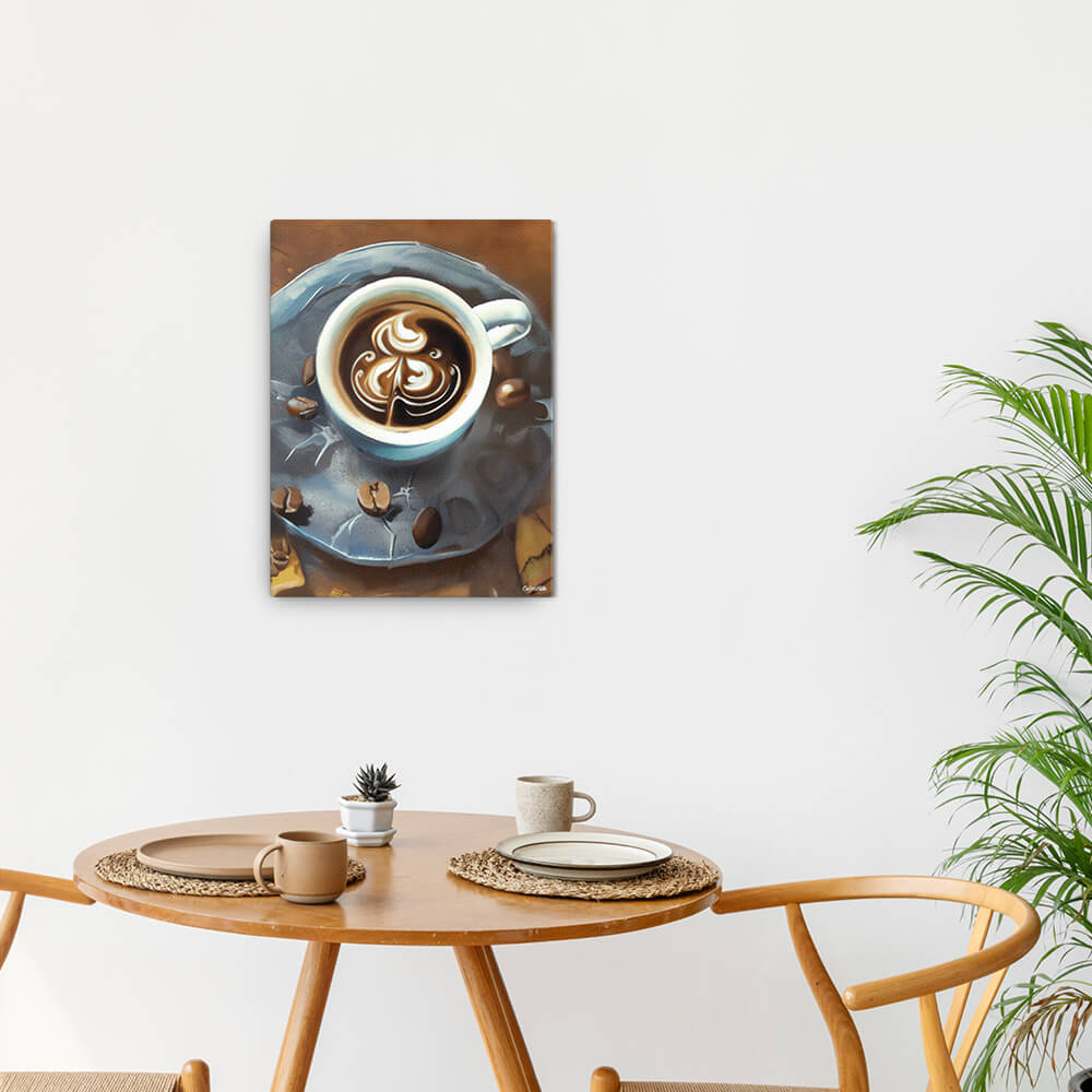 Painterly Coffee - Canvas - The product is placed in a minimalist ambiance with a set table and plants - Cafetitude Wall Art Painterly Coffee - Canvas - The product is placed in a minimalist ambiance with a set table and plants - Cafetitude Wall Art