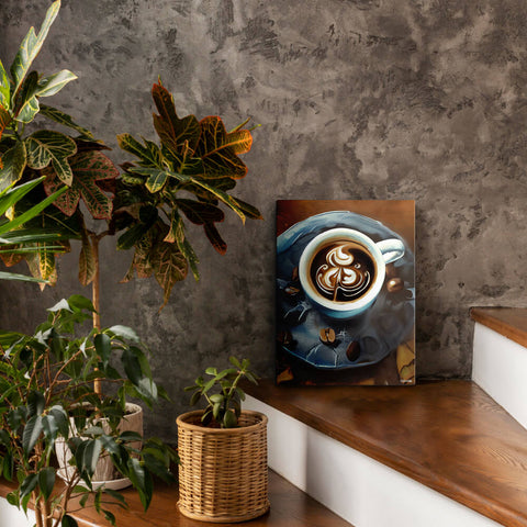 Painterly Coffee - Canvas - The product is placed in a stair scene decorated with plants - Cafetitude Wall Art Painterly Coffee - Canvas - The product is placed in a stair scene decorated with plants - Cafetitude Wall Art