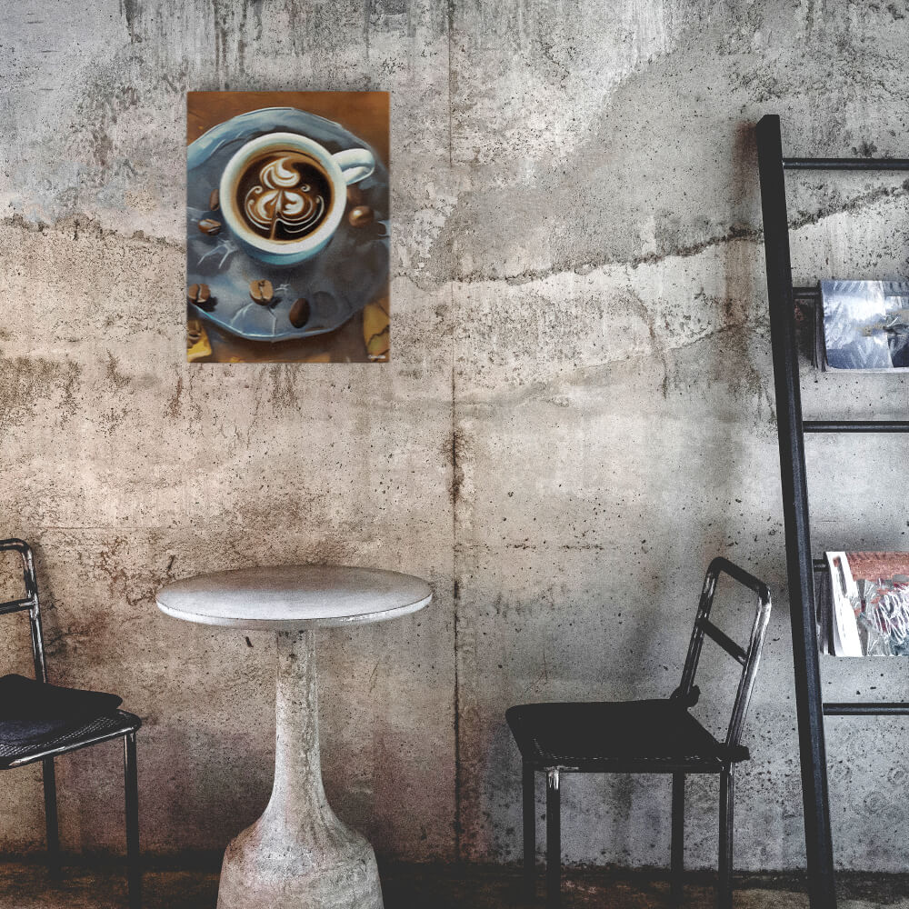 Painterly Coffee - Canvas - The product is placed in a industrial-style coffee shop ambiance with a set table - Cafetitude Wall Art Painterly Coffee - Canvas - The product is placed in a industrial-style coffee shop ambiance with a set table - Cafetitude Wall Art