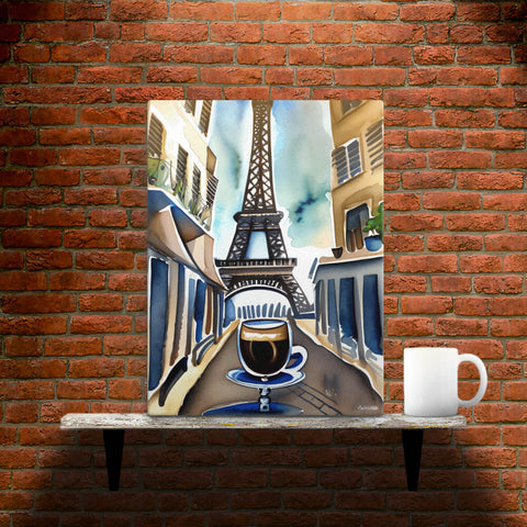 Parisian Brew - Canvas - Main image where the product is placed on a shelf against a brick wall, next to a mug - Cafetitude Wall Art Parisian Brew - Canvas - Main image where the product is placed on a shelf against a brick wall, next to a mug - Cafetitude Wall Art
