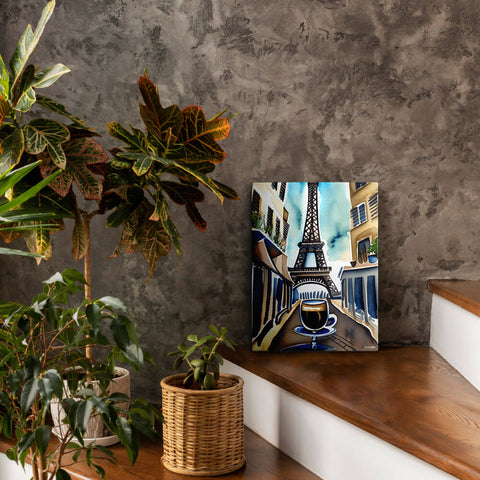 Parisian Brew - Canvas - The product is placed in a stair scene decorated with plants - Cafetitude Wall Art Parisian Brew - Canvas - The product is placed in a stair scene decorated with plants - Cafetitude Wall Art