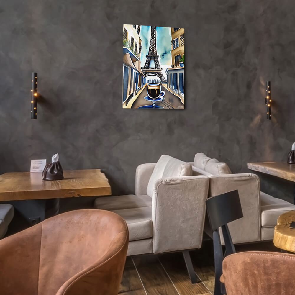 Parisian Brew - Canvas - The product is placed in a stylish coffee shop ambiance with a set table - Cafetitude Wall Art Parisian Brew - Canvas - The product is placed in a stylish coffee shop ambiance with a set table - Cafetitude Wall Art