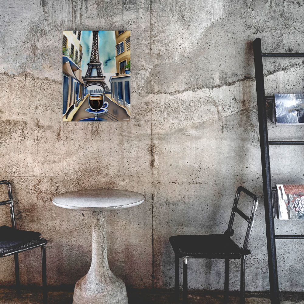 Parisian Brew - Canvas - The product is placed in a industrial-style coffee shop ambiance with a set table - Cafetitude Wall Art Parisian Brew - Canvas - The product is placed in a industrial-style coffee shop ambiance with a set table - Cafetitude Wall Art