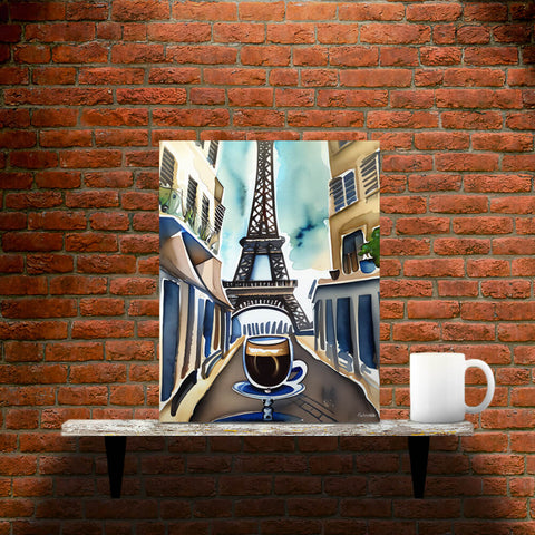 Parisian Brew - Metal prints - Main image where the product is placed on a shelf against a brick wall, next to a mug - Cafetitude Wall Art Parisian Brew - Metal prints - Main image where the product is placed on a shelf against a brick wall, next to a mug - Cafetitude Wall Art