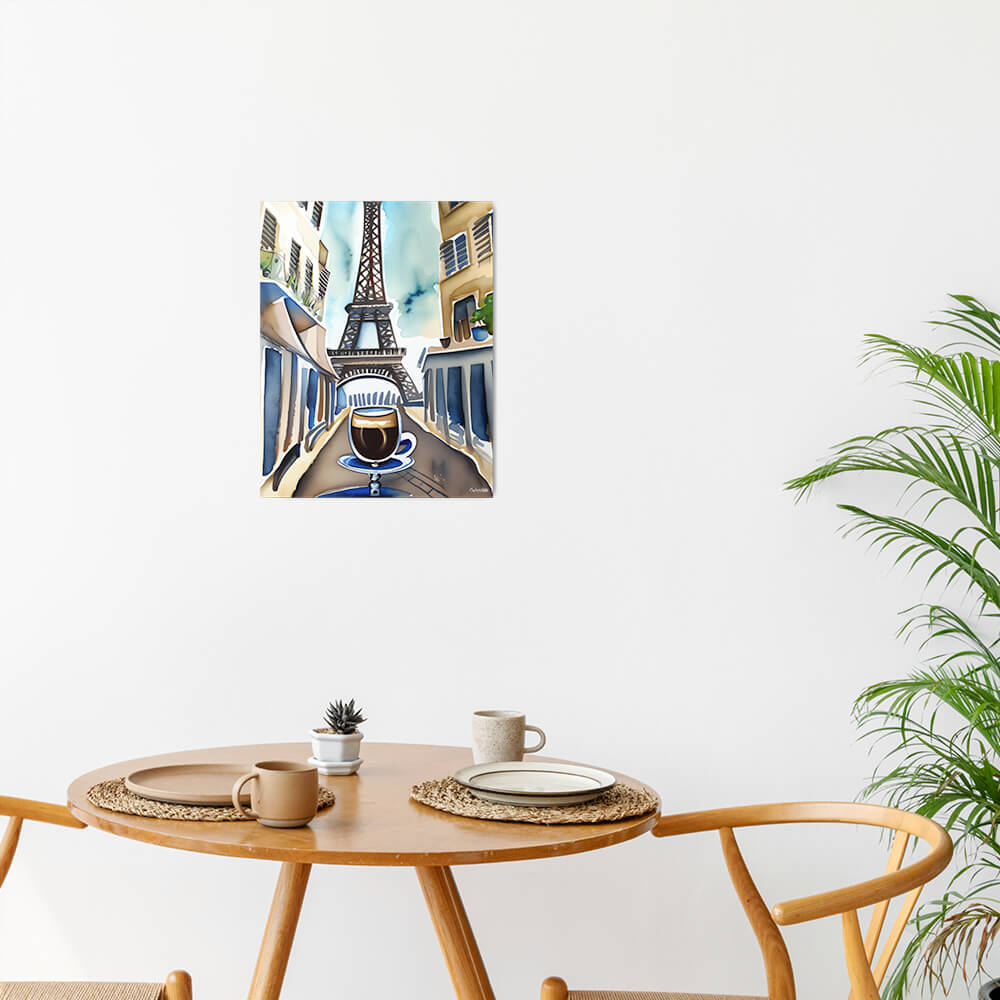 Parisian Brew - Metal prints - The product is placed in a minimalist ambiance with a set table and plants - Cafetitude Wall Art Parisian Brew - Metal prints - The product is placed in a minimalist ambiance with a set table and plants - Cafetitude Wall Art