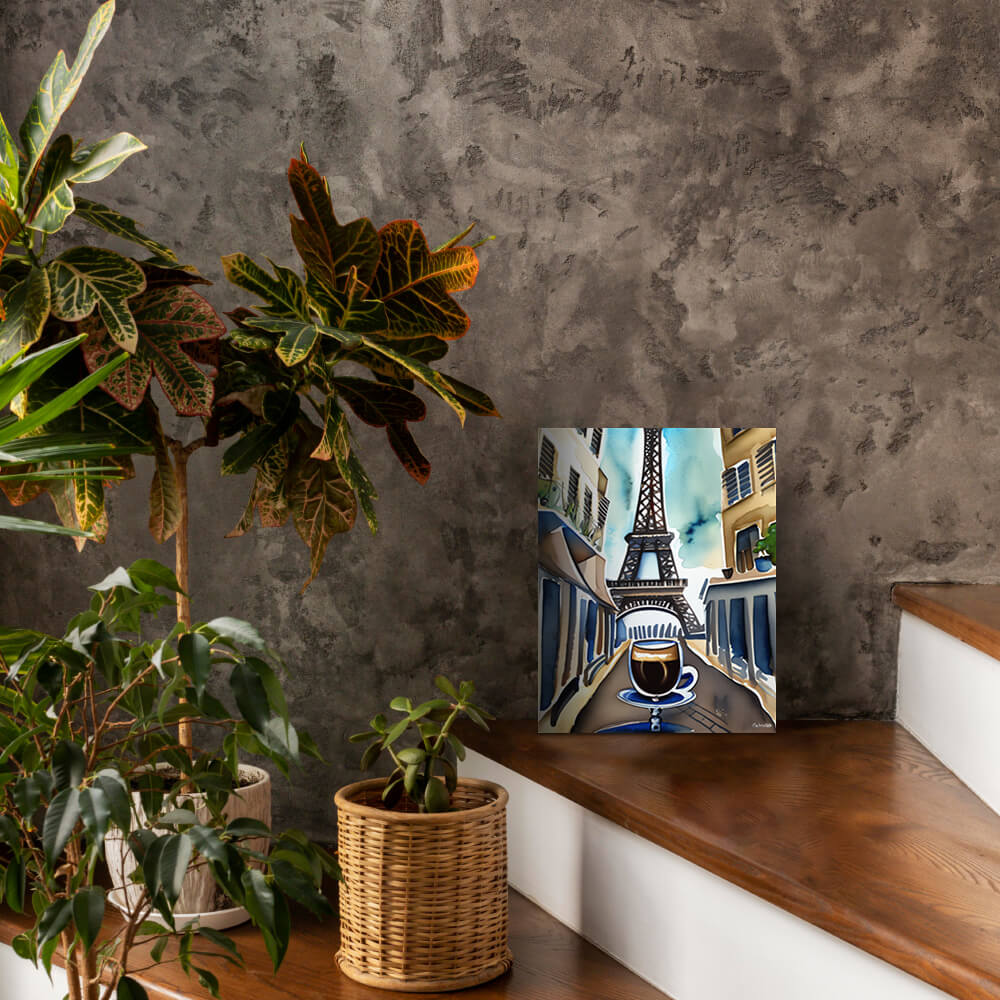 Parisian Brew - Metal prints - The product is placed in a stair scene decorated with plants - Cafetitude Wall Art Parisian Brew - Metal prints - The product is placed in a stair scene decorated with plants - Cafetitude Wall Art