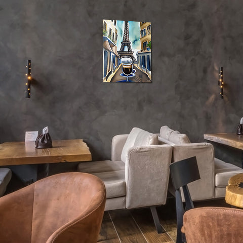 Parisian Brew - Metal prints - The product is placed in a stylish coffee shop ambiance with a set table - Cafetitude Wall Art Parisian Brew - Metal prints - The product is placed in a stylish coffee shop ambiance with a set table - Cafetitude Wall Art