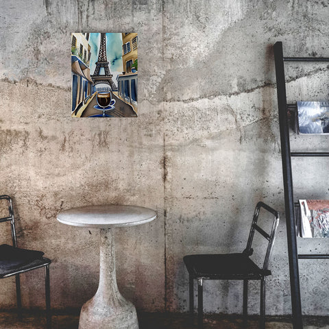 Parisian Brew - Metal prints - The product is placed in a industrial-style coffee shop ambiance with a set table - Cafetitude Wall Art Parisian Brew - Metal prints - The product is placed in a industrial-style coffee shop ambiance with a set table - Cafetitude Wall Art
