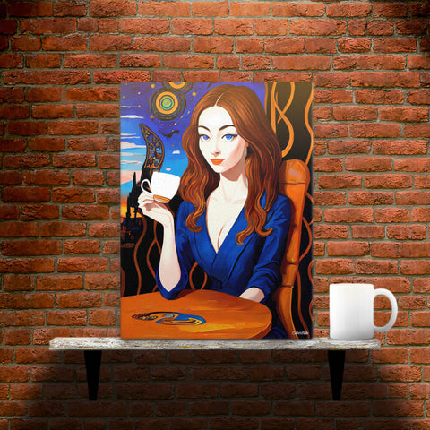 Caffeinated Beauty - Canvas - Main image where the product is placed on a shelf against a brick wall, next to a mug - Cafetitude Wall Art