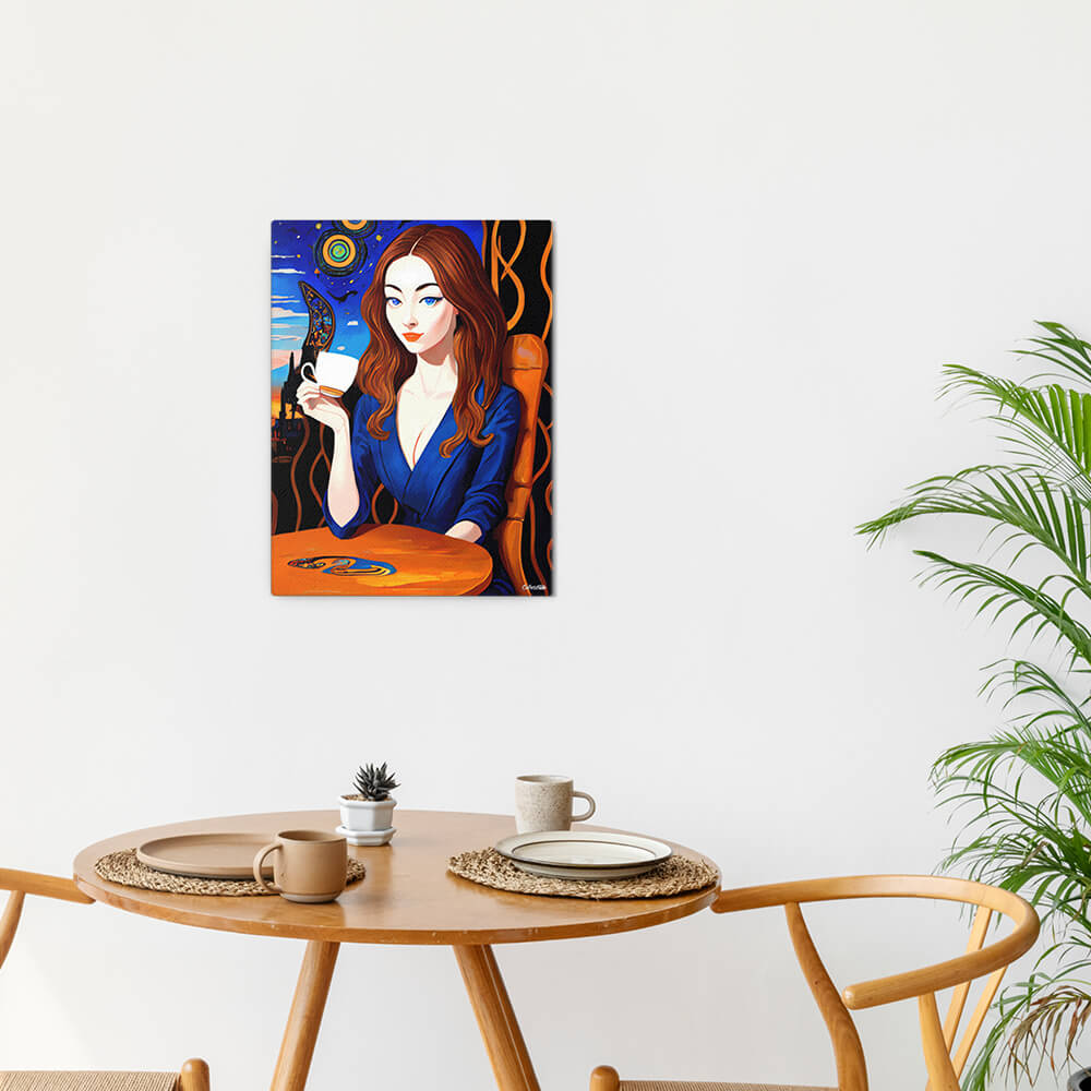 Caffeinated Beauty - Canvas - The product is placed in a minimalist ambiance with a set table and plants - Cafetitude Wall Art