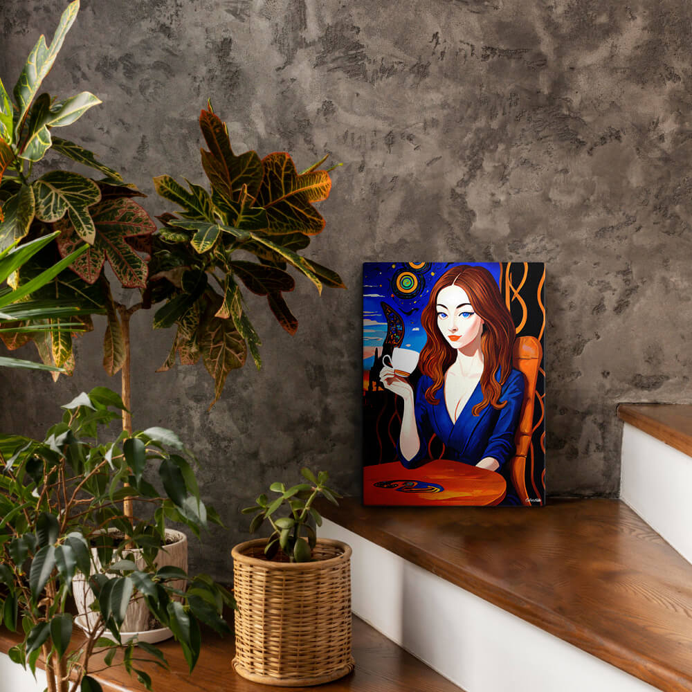 Caffeinated Beauty - Canvas - The product is placed in a stair scene decorated with plants - Cafetitude Wall Art