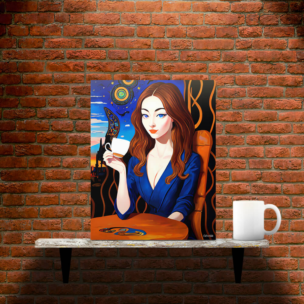 Caffeinated Beauty - Metal prints - Main image where the product is placed on a shelf against a brick wall, next to a mug - Cafetitude Wall Art