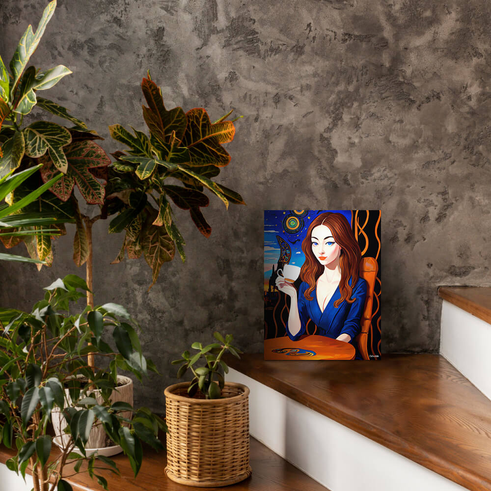 Caffeinated Beauty - Metal prints - The product is placed in a stair scene decorated with plants - Cafetitude Wall Art