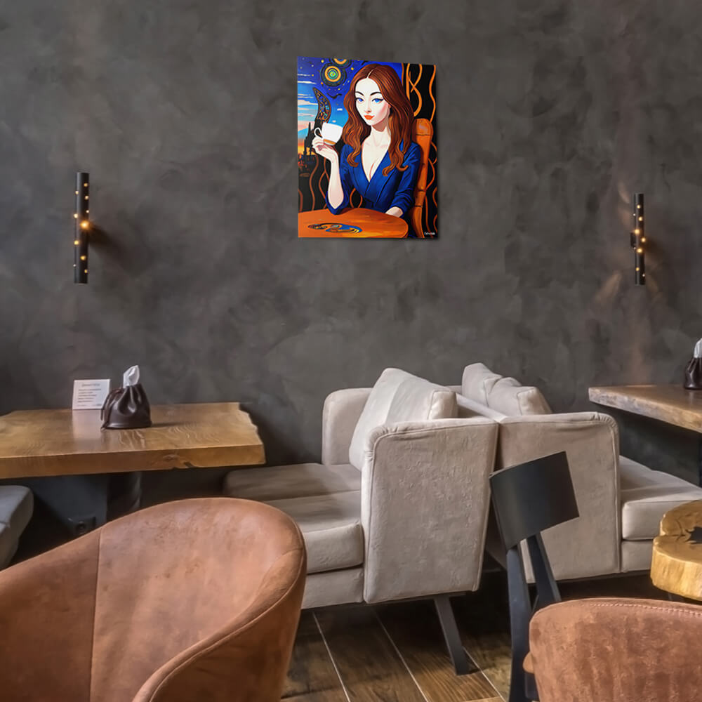 Caffeinated Beauty - Metal prints - The product is placed in a stylish coffee shop ambiance with a set table - Cafetitude Wall Art