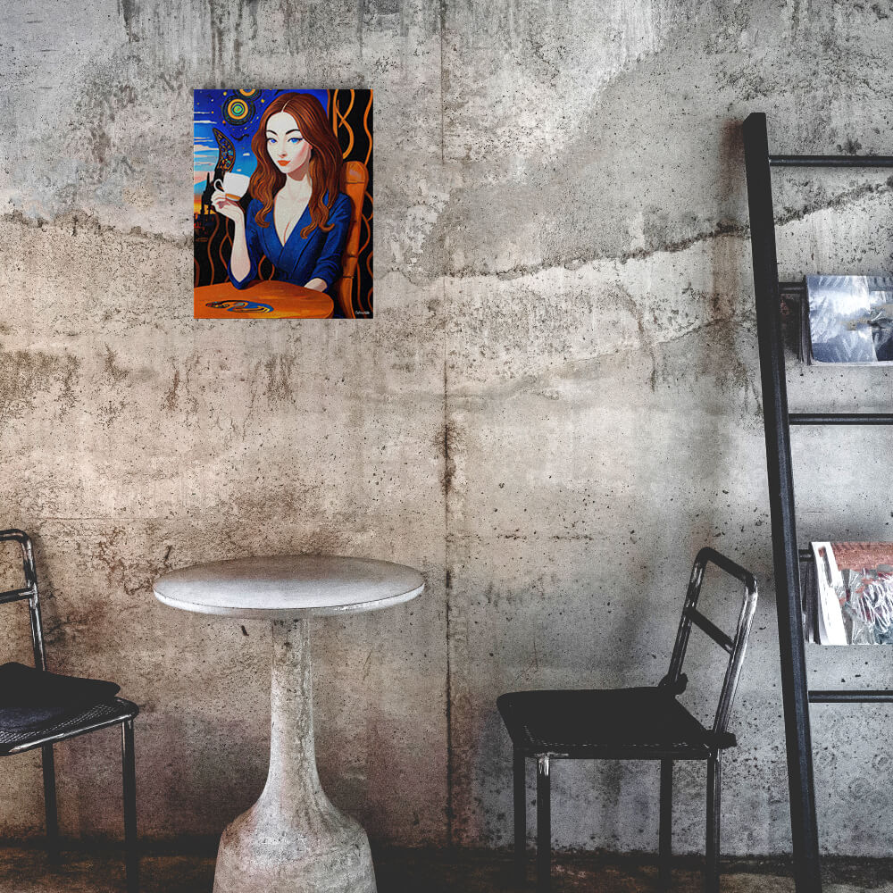 Caffeinated Beauty - Metal prints - The product is placed in a industrial-style coffee shop ambiance with a set table - Cafetitude Wall Art