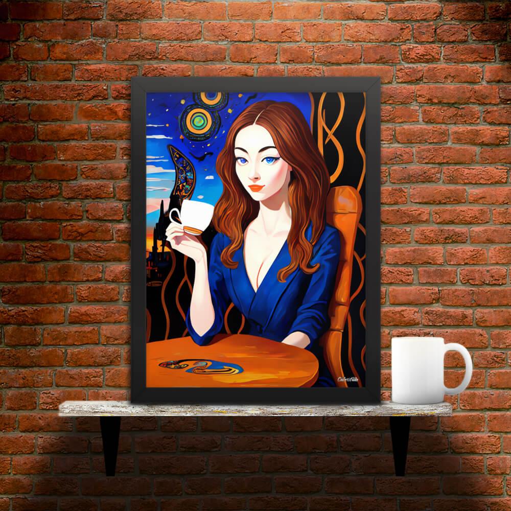 Caffeinated Beauty - Framed Poster - Main image where the product is placed on a shelf against a brick wall, next to a mug - Cafetitude Wall Art