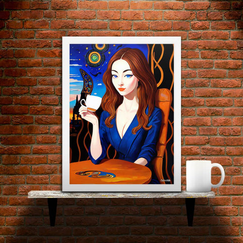 Caffeinated Beauty - Framed Poster - Main image where the product with white frame is placed on a shelf against a brick wall, next to a mug - Cafetitude Wall Art