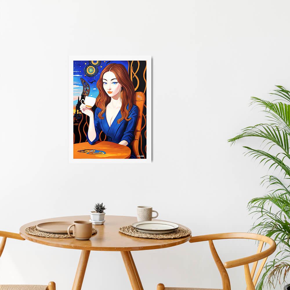 Caffeinated Beauty - Framed Poster - The product with white frame is placed in a minimalist ambiance with a set table and plants - Cafetitude Wall Art