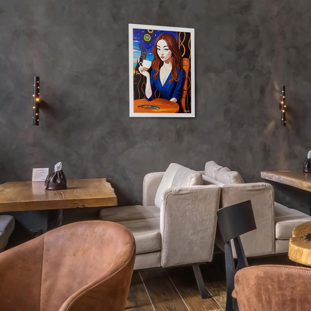 Caffeinated Beauty - Framed Poster - The product with white frame is placed in a stylish coffee shop ambiance with a set table - Cafetitude Wall Art