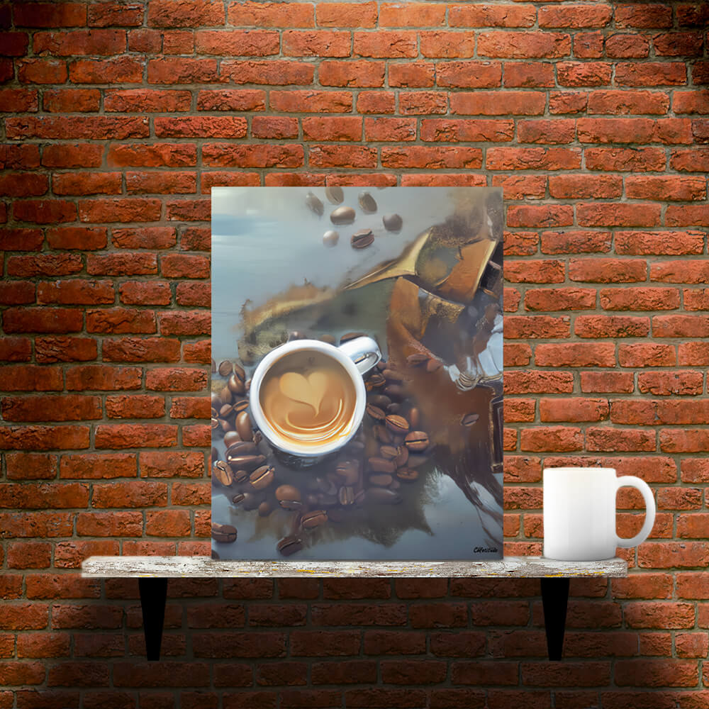 Caffeine Dreamscape - Metal prints - Main image where the product is placed on a shelf against a brick wall, next to a mug - Cafetitude Wall Art