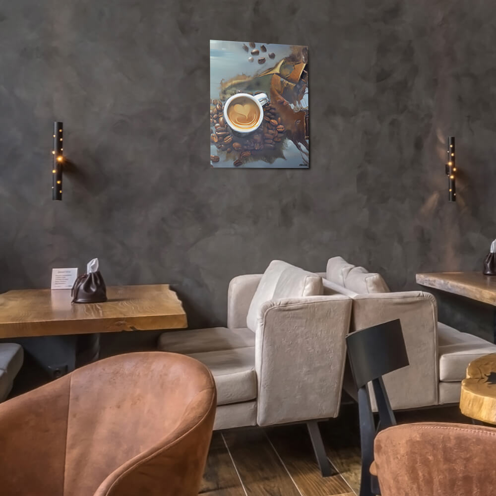 Caffeine Dreamscape - Metal prints - The product is placed in a stylish coffee shop ambiance with a set table - Cafetitude Wall Art