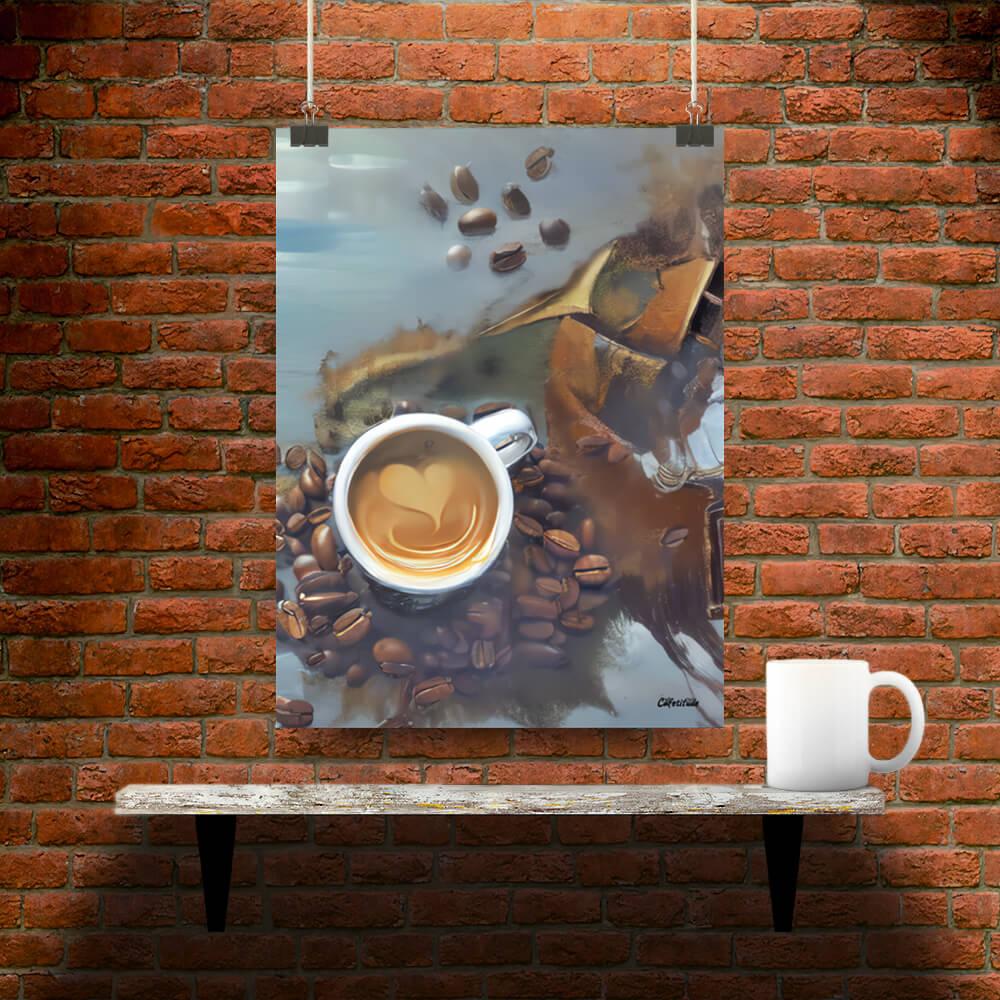 Caffeine Dreamscape - Poster - Main image where the product is placed on a shelf against a brick wall, next to a mug - Cafetitude Wall Art