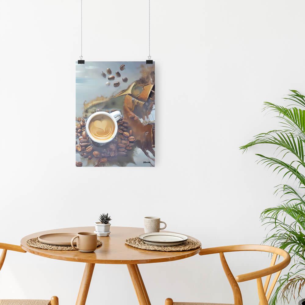 Caffeine Dreamscape - Poster - The product is placed in a minimalist ambiance with a set table and plants - Cafetitude Wall Art