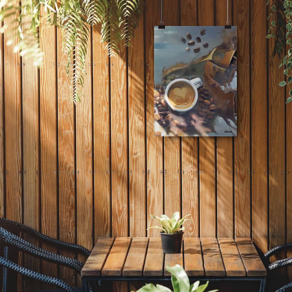 Caffeine Dreamscape - Poster - The product is placed in a cozy coffee shop with a warm ambiance, adorned with plants and featuring a set table - Cafetitude Wall Art