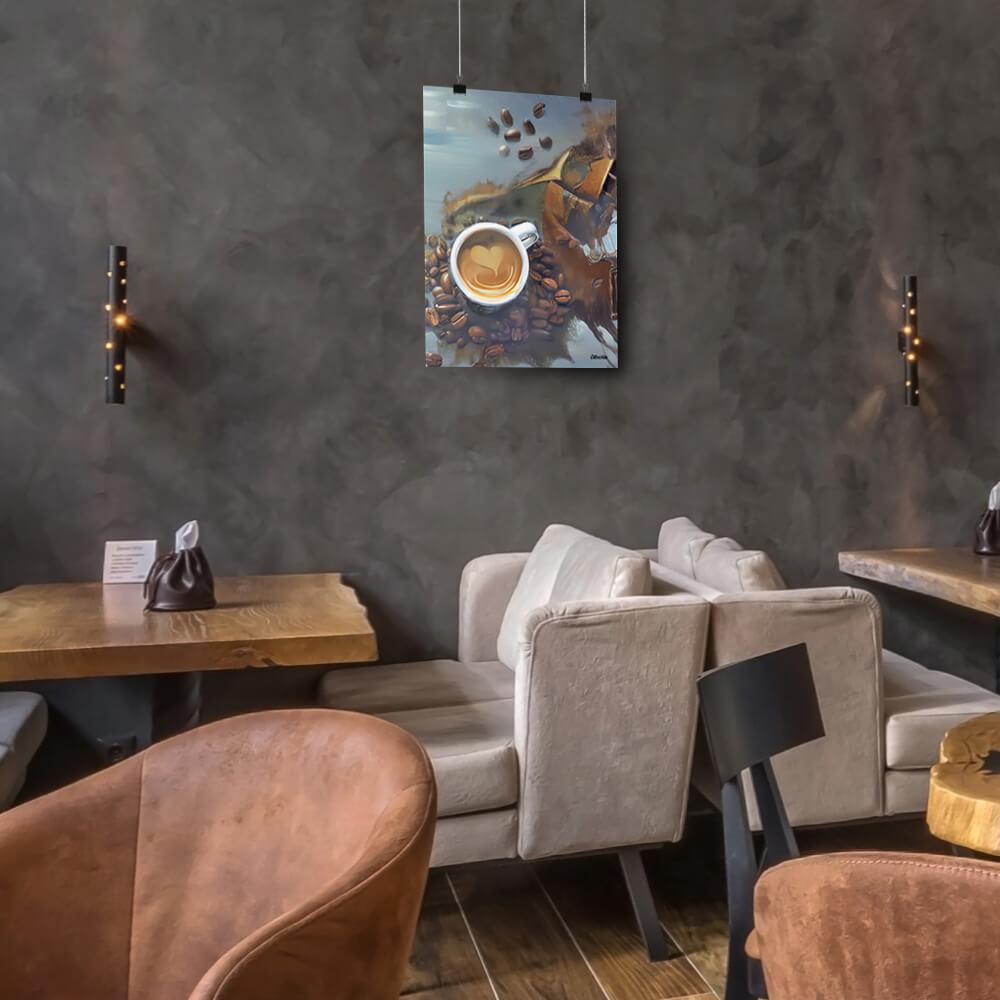 Caffeine Dreamscape - Poster - The product is placed in a stylish coffee shop ambiance with a set table - Cafetitude Wall Art