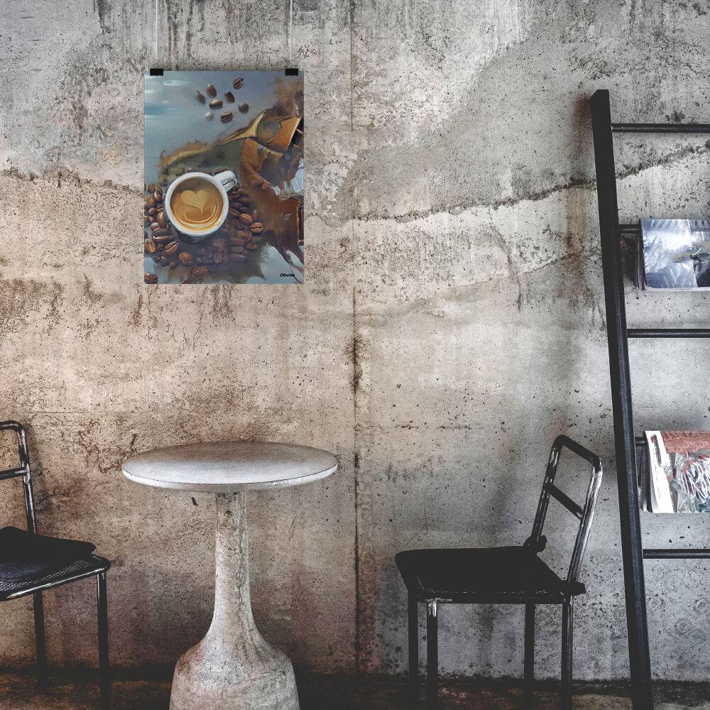 Caffeine Dreamscape - Poster - The product is placed in a industrial-style coffee shop ambiance with a set table - Cafetitude Wall Art