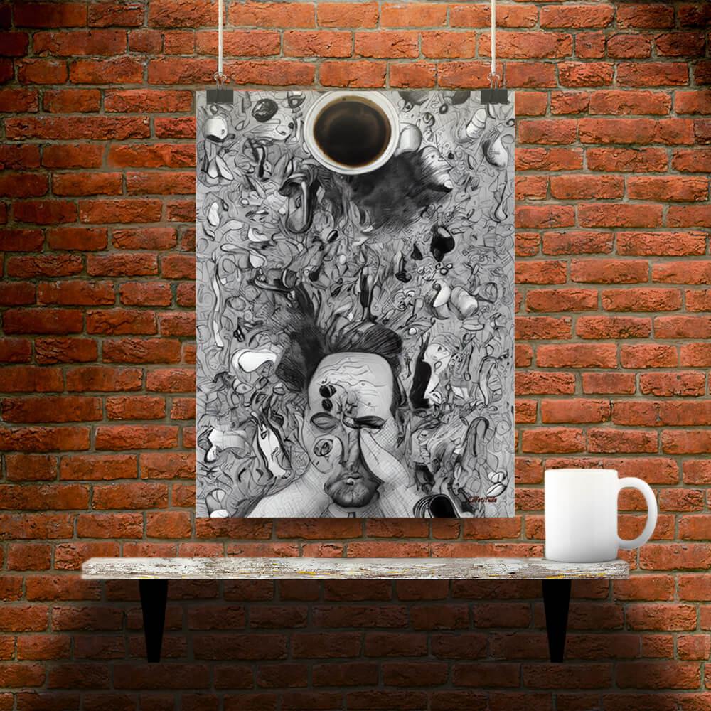 Chaos Before Coffee - Poster - Main image where the product is placed on a shelf against a brick wall, next to a mug - Cafetitude Wall Art