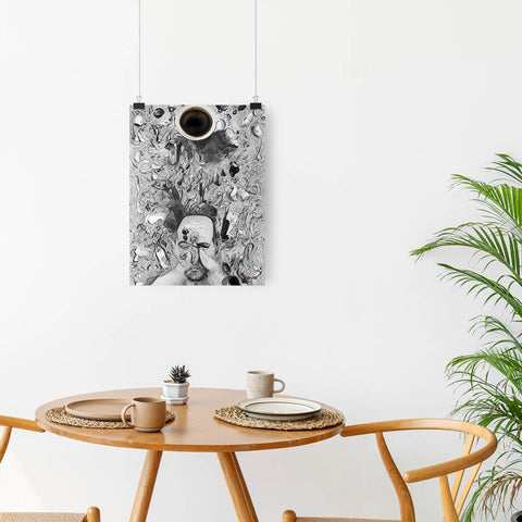 Chaos Before Coffee - Poster - The product is placed in a minimalist ambiance with a set table and plants - Cafetitude Wall Art