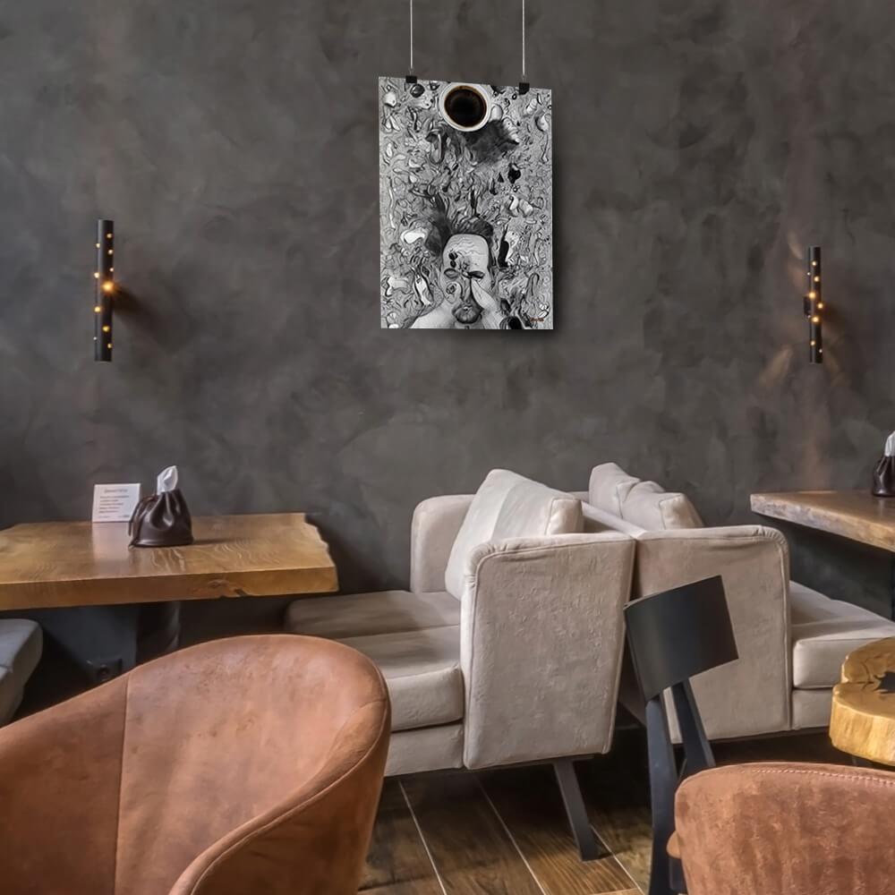 Chaos Before Coffee - Poster - The product is placed in a stylish coffee shop ambiance with a set table - Cafetitude Wall Art