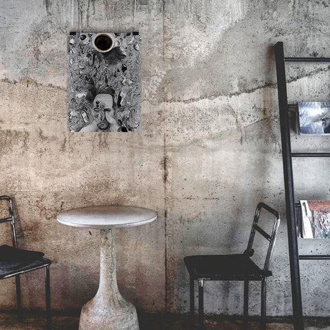 Chaos Before Coffee - Poster - The product is placed in a industrial-style coffee shop ambiance with a set table - Cafetitude Wall Art