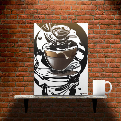 Coffee Art in Motion - Canvas - Main image where the product is placed on a shelf against a brick wall, next to a mug - Cafetitude Wall Art