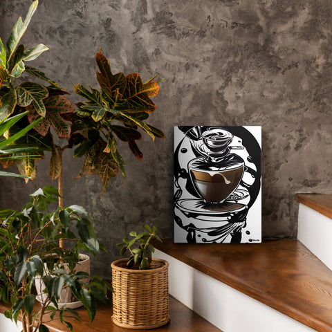 Coffee Art in Motion - Canvas - The product is placed in a stair scene decorated with plants - Cafetitude Wall Art