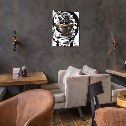 Coffee Art in Motion - Canvas - The product is placed in a stylish coffee shop ambiance with a set table - Cafetitude Wall Art