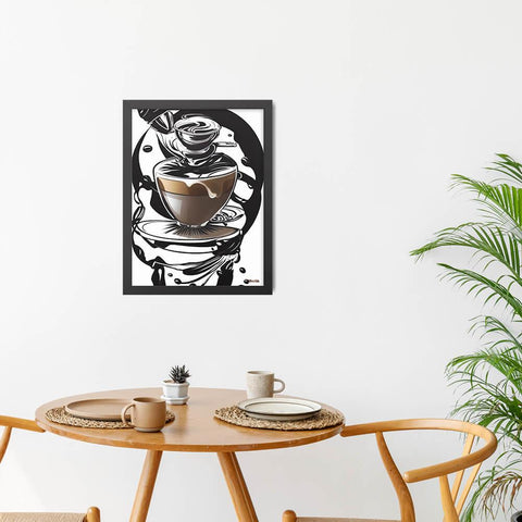 Coffee Art in Motion - Framed Poster - The product is placed in a minimalist ambiance with a set table and plants - Cafetitude Wall Art