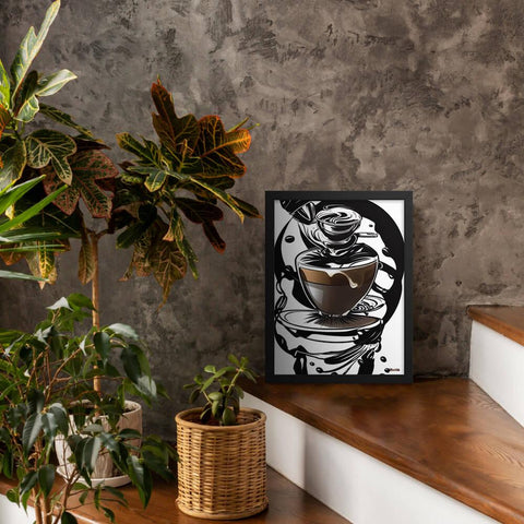 Coffee Art in Motion - Framed Poster - The product is placed in a stair scene decorated with plants - Cafetitude Wall Art