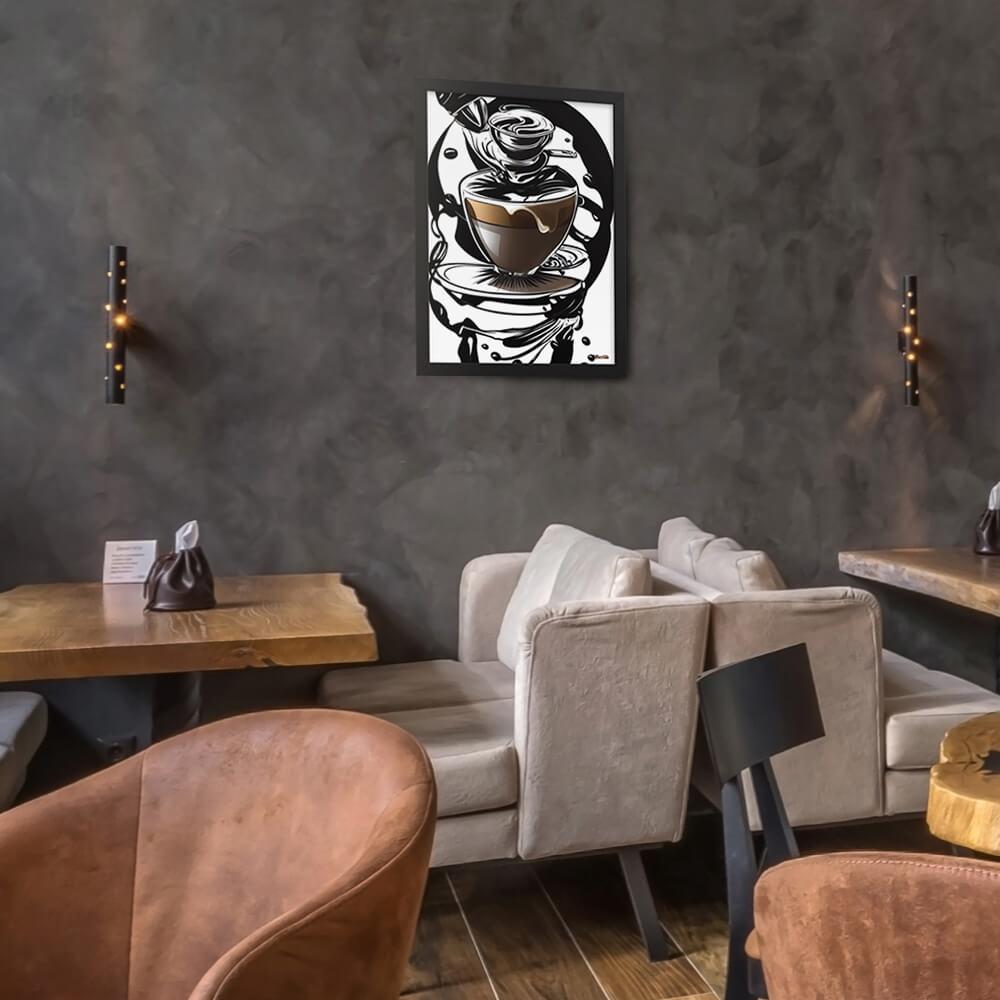 Coffee Art in Motion - Framed Poster - The product is placed in a stylish coffee shop ambiance with a set table - Cafetitude Wall Art