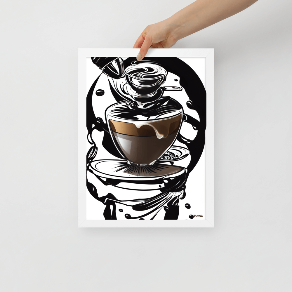 Coffee Art in Motion - Framed Poster - The product with white frame is being held by hand - Cafetitude Wall Art